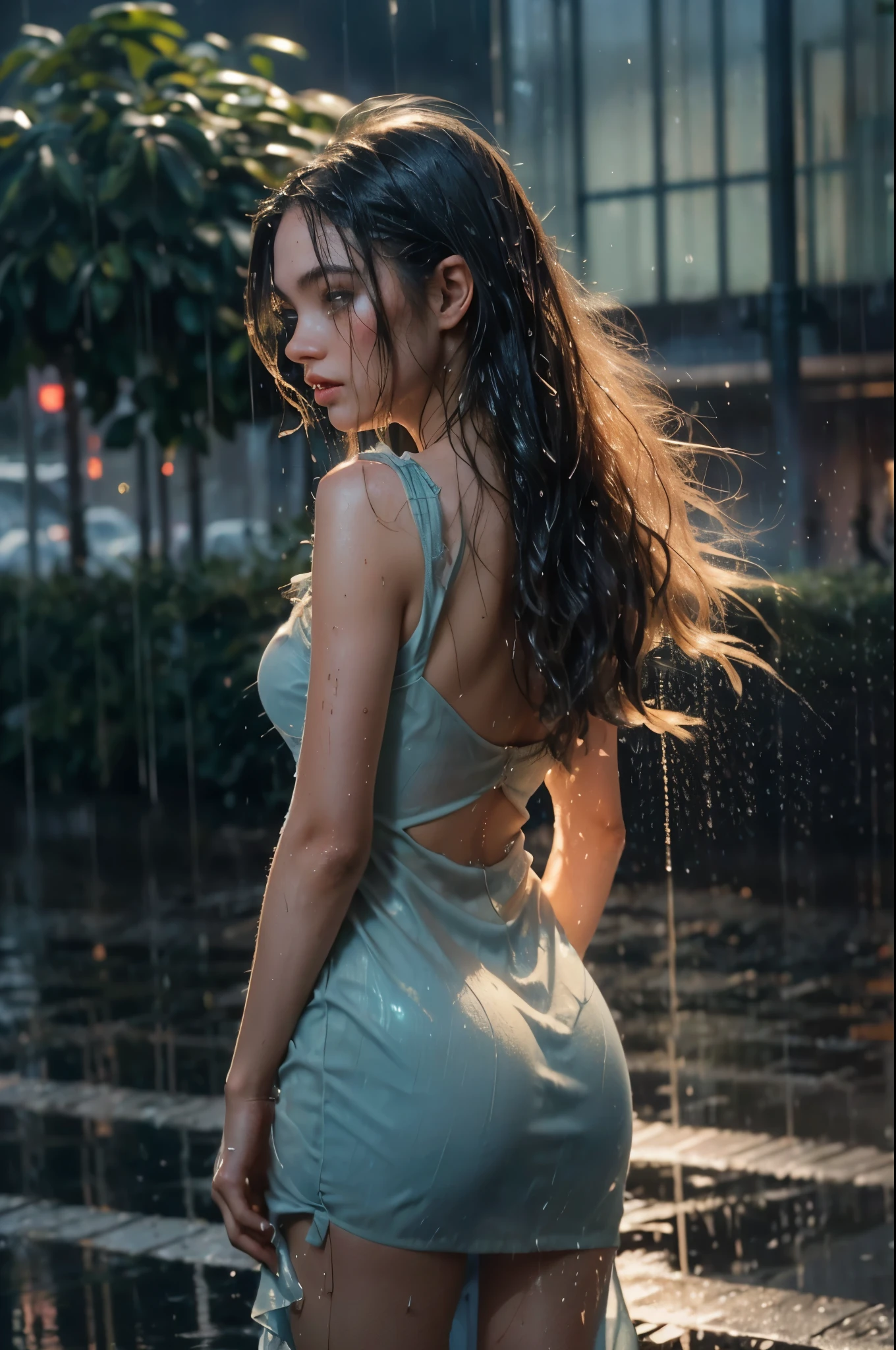 she is soaked because of the torrential rain, do lado de fora, ao lado do poste de luz))(her hair is (pingando:1.2)wet long hair dress soaked Your skin is wet (vestido molhado hiper detalhado, tecido, (Raindrops visible in the air, retroiluminado)) vestido apertado vestido de seda