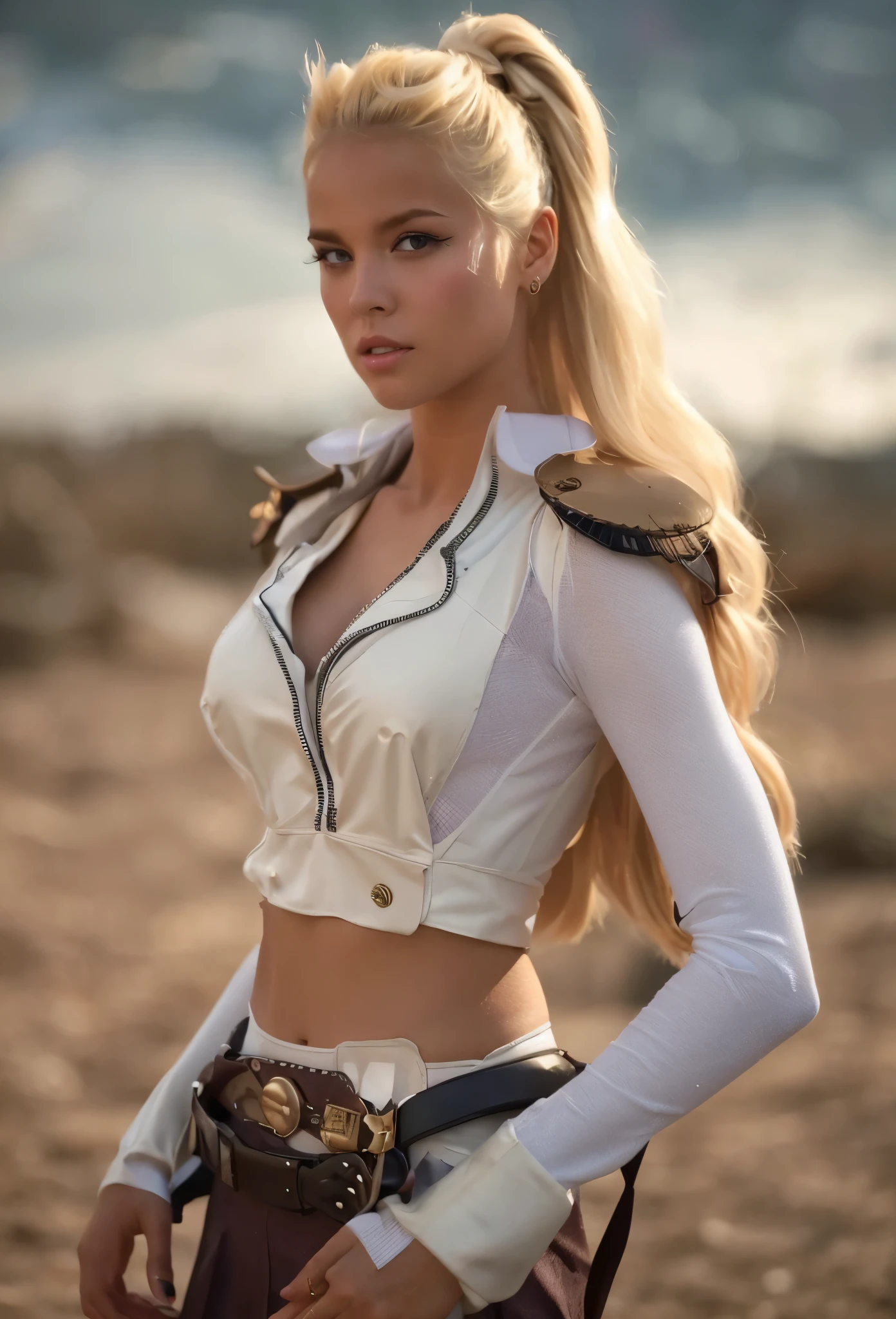 hot white woman, sexy body, (blonde hair with double bun with bangs), high school costume