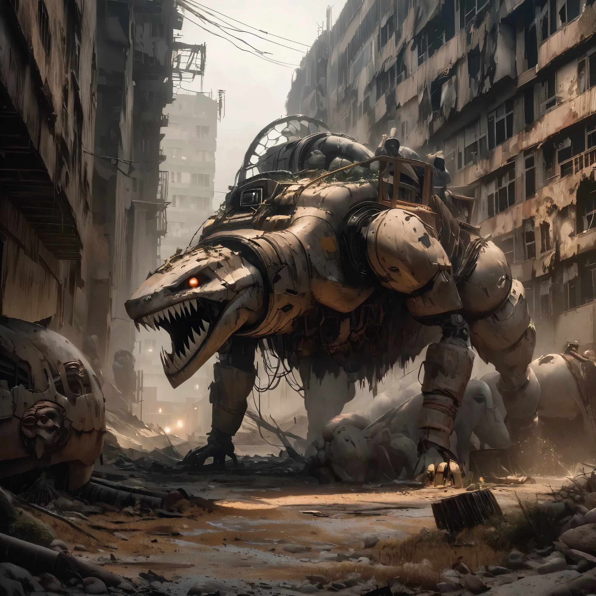 (melhor qualidade, high resolution, ultra-detalhado:1.2),(complexidade extrema)(various subjects) (realista, photorealista:1.37), (assunto 1: some humanoid mutants (inspired by random animals), roupas fragmentadas de terreno baldio, recursos mutados, dentes afiados, olhos brilhantes, various characteristics of animals, roupas esfarrapadas, metal enferrujado,), sifting through sci-fi wreckage in a wasteland, Post-apocalyptic atmosphere, ossos quebrados, decaying machinery, Abandoned buildings, paisagem empoeirada, toxic air, mysterious lighting, paleta de cores sombrias, textura arenosa