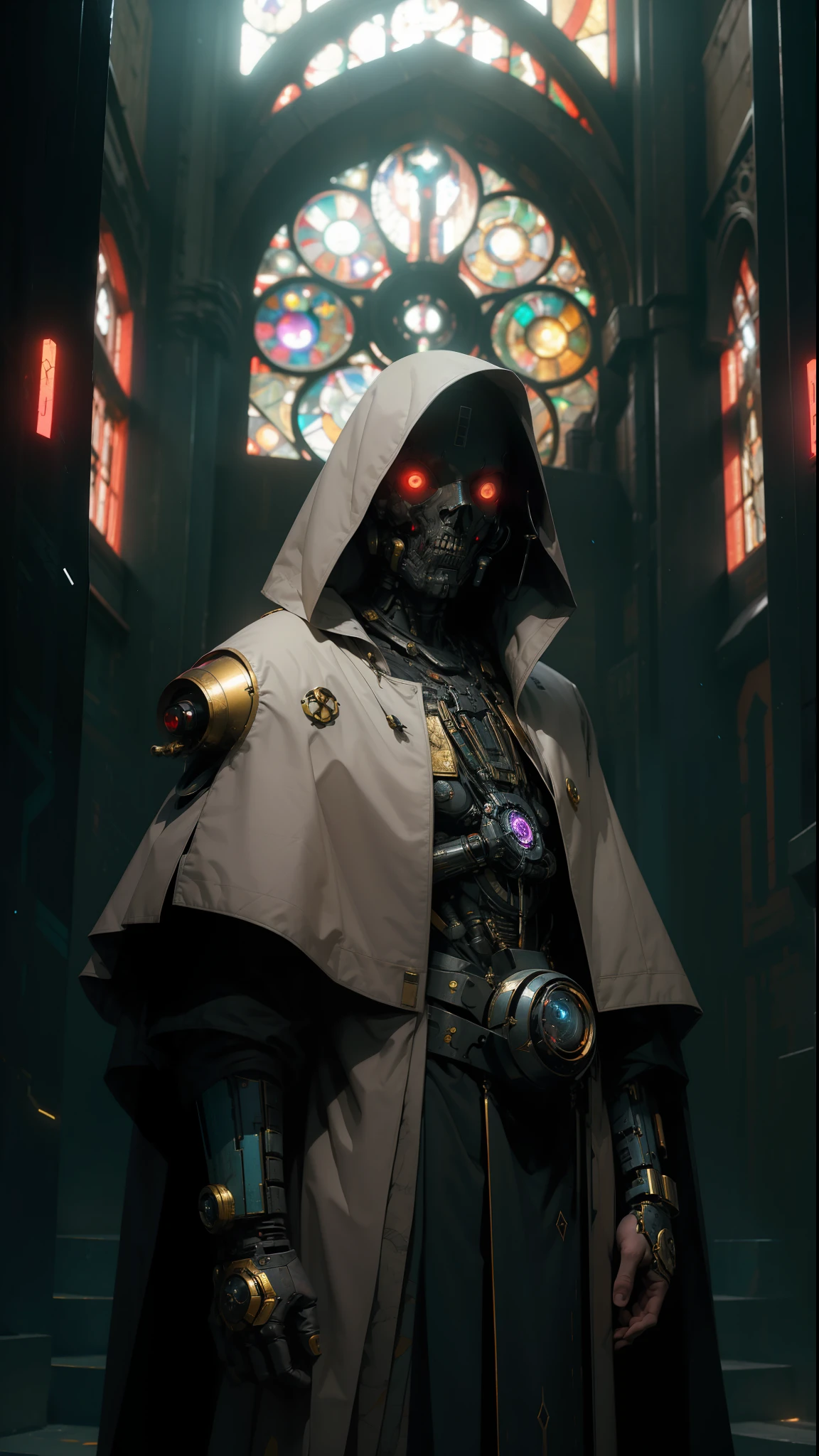 derpd, lethal cyborg male assassin with no mouth, wearing robes armor and cloak, gold trimming, danger, stained glass background, fantasy and science fiction art, neon horror, sci-fi, glitchcore, divine pose, red divine light, two bright eyes,