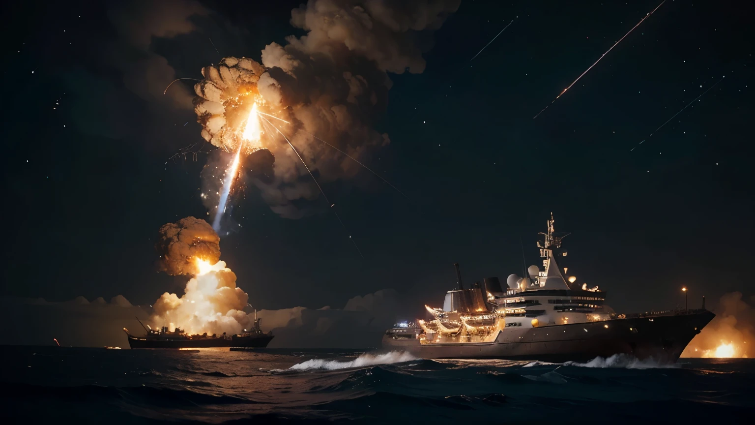 An extraterrestrial spacecraft, sleek and metallic, is struck by a missile. A fiery explosion erupts upon impact, sending fragments of the ship scattering. The once-glowing lights of the craft flicker and fade as it spirals downward, trailing smoke and debris against the sky. The scene is chaotic, a stark contrast to the ship's former elegance and advanced design.