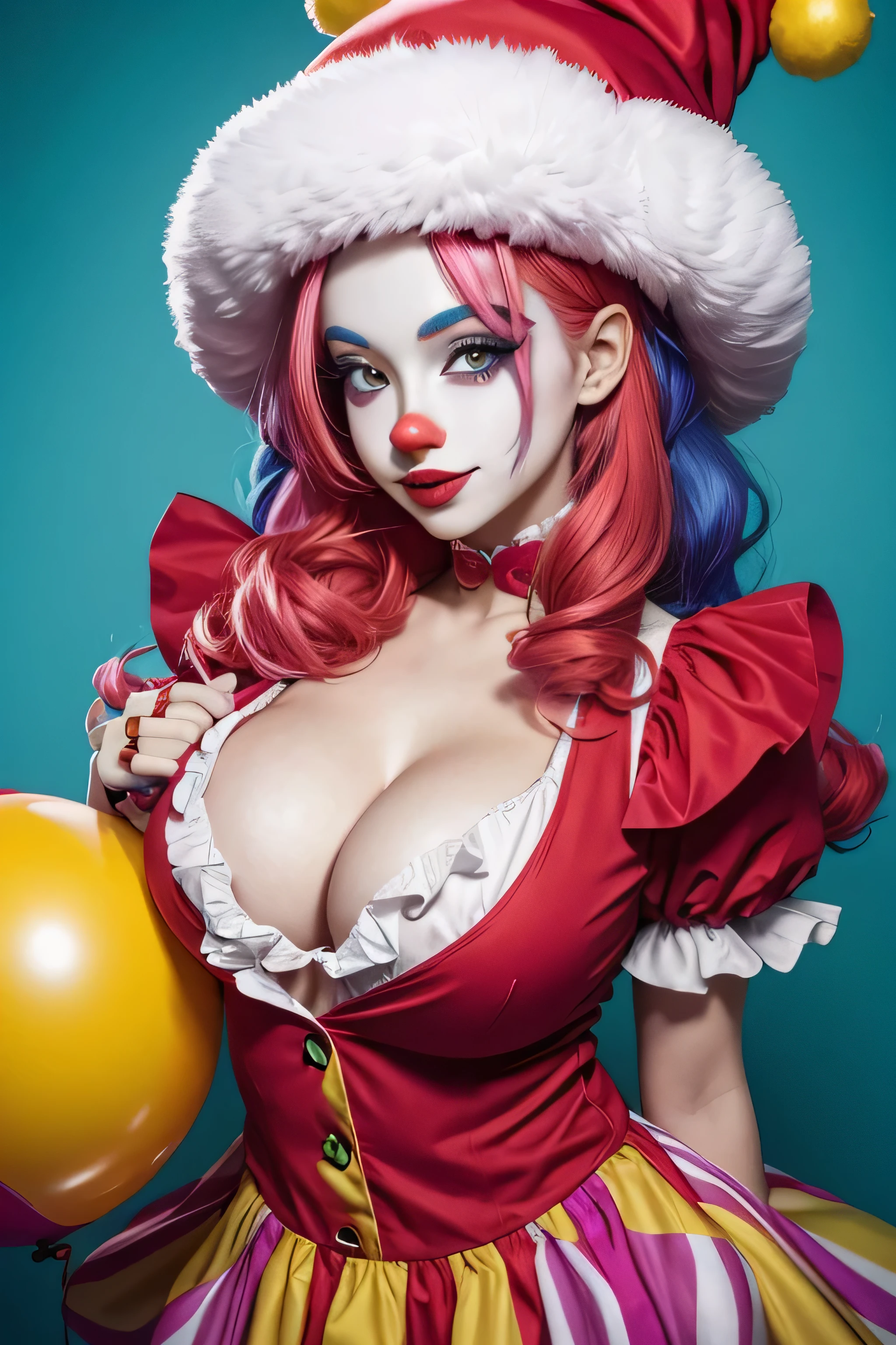 Body painted,  girl, Clown makeup, blue and red dot ruffle dress, Fancy makeup, Blue Eye Shadow, Open mouth, tongue, Yellow hair, Twin-tailed, Blue eyes, body modification, mind control, Smile, nude, Big Breast, Rubbing, skin bleaching,  Full body,  Sexy Pose, Ahegao