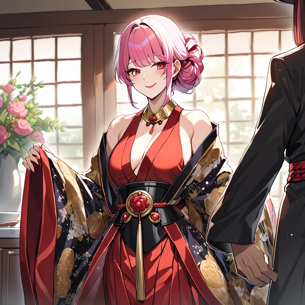 ((highest quality)), ((masterpiece)), (detailed), （Perfect Face）、（The woman is Rena, with short pink hair, tied in a Japanese hairstyle, a flashy courtesan hairstyle, a gentle smile, and is in a luxurious samurai mansion. The woman is in the kitchen of Oda Nobunaga, wearing a gorgeous and glittering courtesan robe with gorgeous, vivid colors, patterns and embroidery, a Date Hyogomage, and is dressed as a gorgeous, top-class courtesan, wearing luxurious accessories from the Edo period.）、The man and woman are close together, the husband is 60 and the wife is 20.、The man is Oda Nobunaga, a dignified man with a beard, wearing a formal crested hakama.