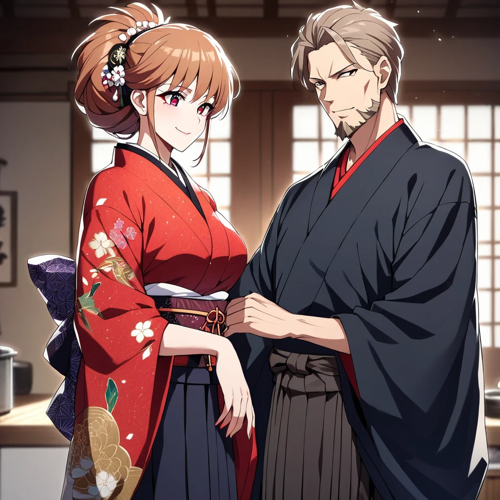 ((highest quality)), ((masterpiece)), (detailed), （Perfect Face）、（The woman is Princess Leona, with long light brown hair tied in a Japanese hairstyle, a geisha hairstyle, a slender figure but with a normal bust, a gentle smile, and is in a luxurious samurai mansion. The woman is in the kitchen of Oda Nobunaga, wearing a gorgeous, gorgeous, glittering geisha kimono with gorgeous, vivid colors, patterns, and embroidery, a full set of geisha robe, a Date Hyogomage, and is dressed as a gorgeous, top-class geisha, with gorgeous and glittering hair accessories and jewelry from the Edo period.）、The man and woman are close together, the husband is 60 and the wife is 20.、The man is Oda Nobunaga, a dignified man with a beard, wearing a formal crested hakama.