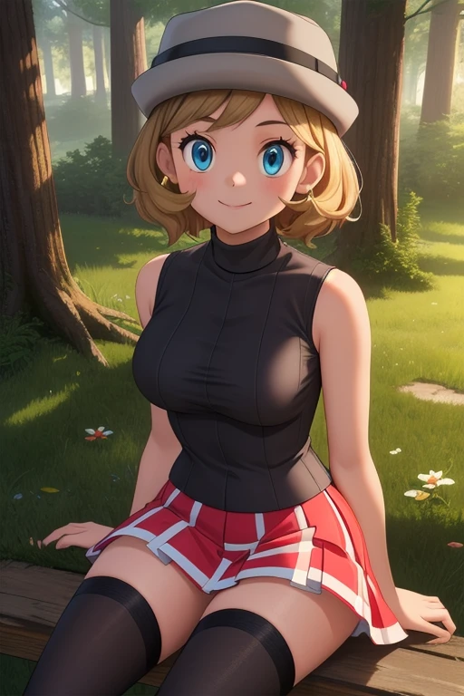 pkmnserena, 1girl, solo, blue eyes, blonde hair, short hair, bangs, hat, grey headwear,
black shirt, turtleneck, sleeveless, red skirt, pleated skirt, black thighhighs,
smile,closed mouth,cowboy shot,sitting,
forest,outdoor,
(insanely detailed, beautiful detailed face, masterpiece, best quality) cinematic lighting,