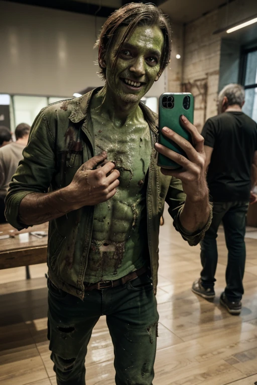 Zombie, male, middle-aged, decay, green skin tone, dirty full-body photo, very worn-out clothes, looking at smartphone screen, touching smartphone, dirty skin, dirty hands, taking selfie, full body visible, smiling, jumping for joy, at Apple store