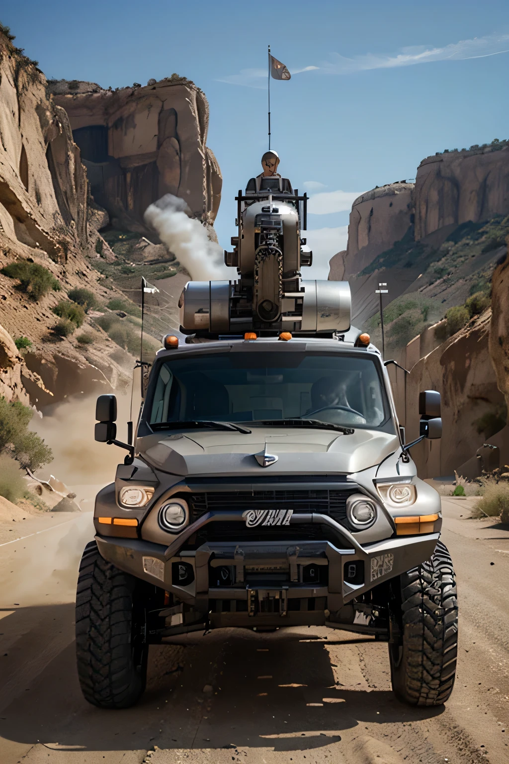 An armored truck, futurista, com rodas grandes e varias janelas na horizontais, with a double cannon on top.