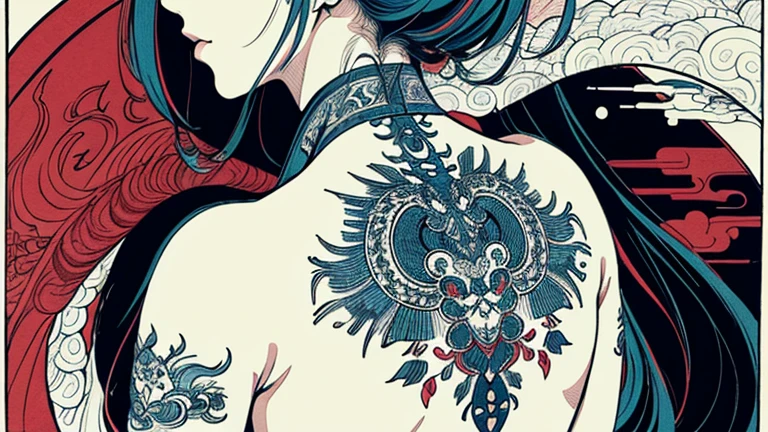 the back of a woman with all buddha tattoos on her body, yakuza tattoo on body, full body tattoo, of Japanese girl with tattoos, highly detailed full-body art, oriental tattoos, highly detailed tattoo, fully tattooed body, skinny female artist back view, colorful intricate masterpiece, full body art, style of takato yamamoto, tattooed back, geisha tattoo