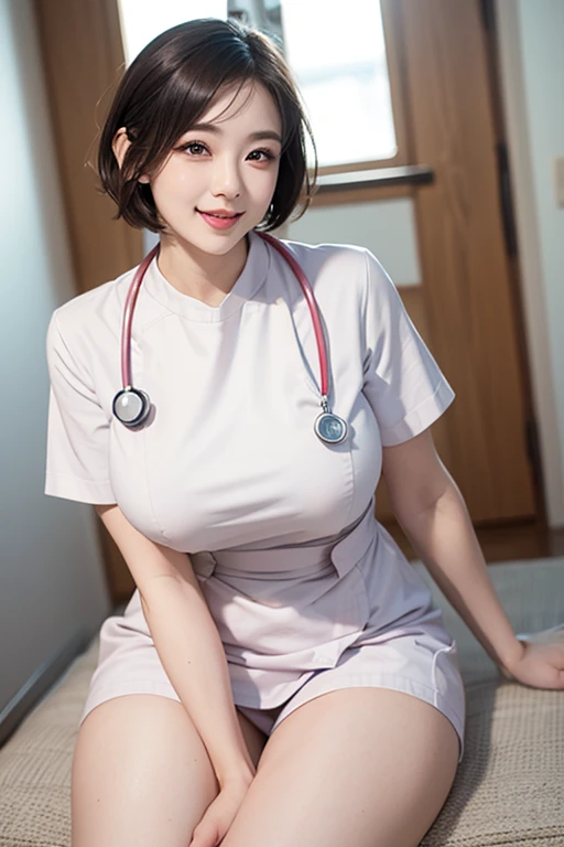 (The ultimate beautiful mature woman), Experienced nurse, Very detailed顔, Detailed lips, Fine grain, double eyelid, Short pixie hairstyles for brunettes, ((Laugh with your mouth closed)), (((Wearing white nurse clothes)))), Big Breasts, (Thighs Thighs Thighs), that's right, perfectionなボディ, perfectionな顔, (((background: A hospital room with many medical devices)))、Cowboy Shot, (Depth of the written border), perfectionな画像リアリズム, With detailed background, Detailed costume, perfection、Hyperrealism、Realistic、Maximum resolution 8K, (masterpiece), Very detailed, Professional