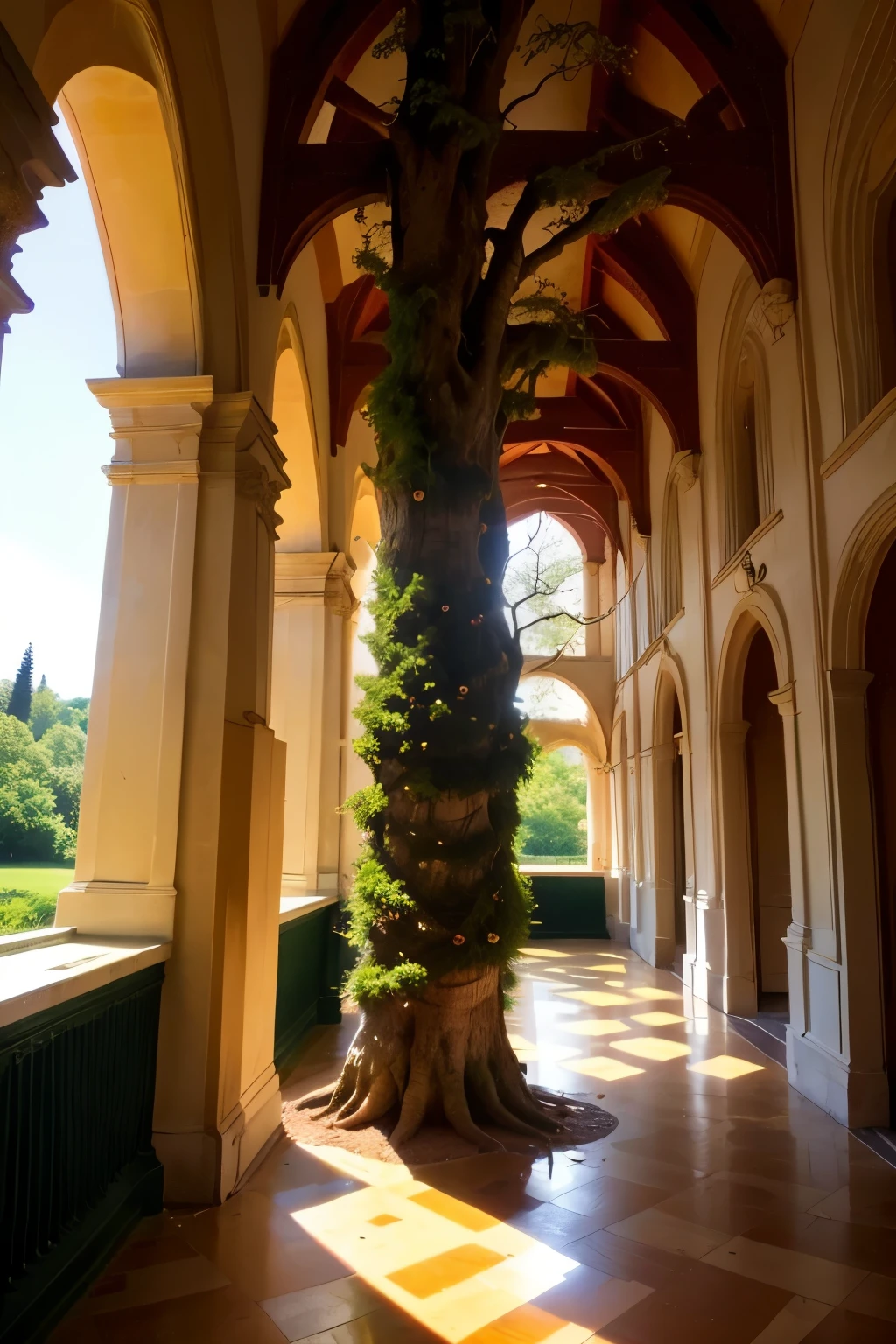 Think of a salon, where there is a tree in the middle, the tree is a pillar of support, the tree is inside a large room *MEDIEVAL*