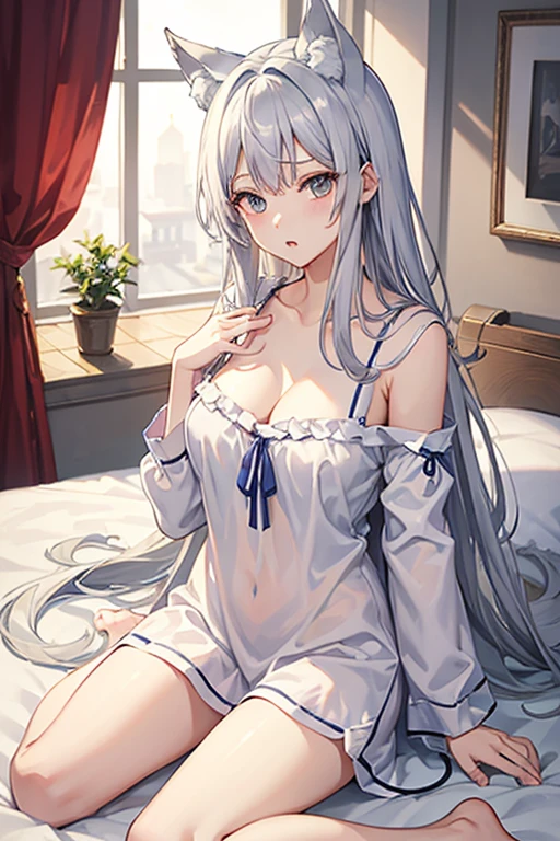 masterpiece, highest quality, High resolution，Anime Style、Silver Hair、Wolf ears and long tail、Sit on the bed、Looks sleepy、Droopy eyes、Yawn、Open the front of your pajamas, which have a very deep neckline