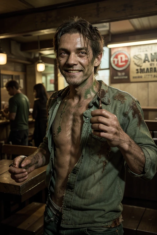 Zombie, male, middle-aged, decay, green skin, dirty full-body photo, very tattered clothes, looking at smartphone screen, touching smartphone, dirty skin, dirty hands, taking a selfie, full body visible, smiling, jumping for joy, at a sushi restaurant