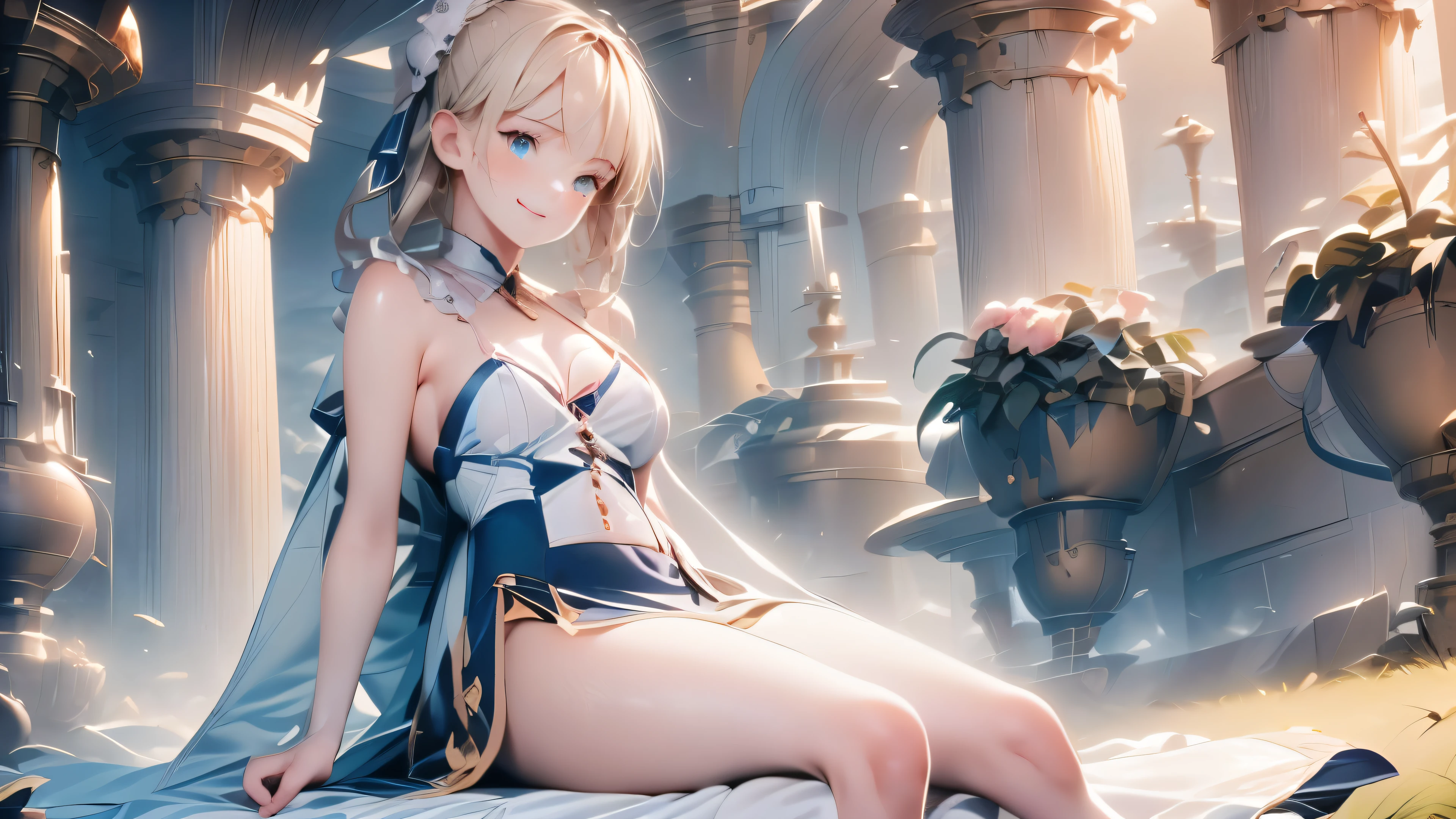 2D illustration, anime-style, beautiful girl, elf, (), blonde, blue-eyed, hair ornament, smiling, (((squatting with legs spread))), holding a magic wand in his right hand, (open chest, entirely white ultra-thin fabric, see-through ancient style robe), (the entire chest is see-through)), ((the tip of the chest is protruding)), (((without panties)), floating hem, collar, bangles , Anklet, Sandals, ((Close-up of a person, looking up from below, Close-up of the crotch, Exposed Sheer crotch), Wet Body, Wet Clothing, Ancient Ruins Eroded by Vegetation, Waterside, Water Light, Magic Light, Starry Sky, Wind Blowing, Ambient Occlusion, Halation