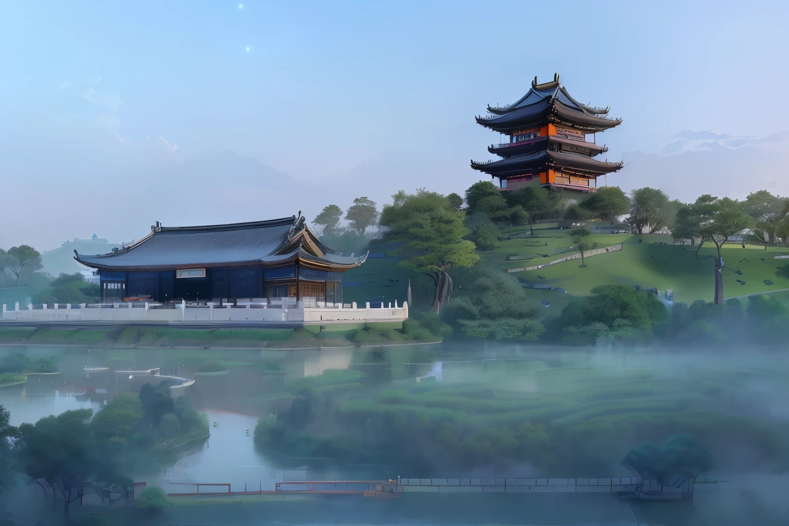 There is a building，The roof is huge，The lawn is green, Tang Dynasty Palace, palace floating in the sky, Ancient Chinese architecture, the imperial palace, Chinese style buildings, historical context, Chinese architecture, Chinese palaces, jin shan, artwork in the style of z.Show on the. gu, korean traditional palace, palace floating in heaven, On a sunny day, palace background