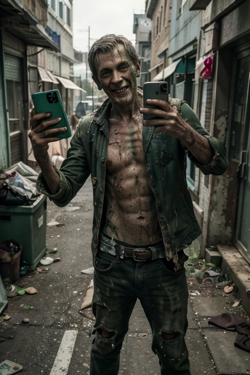 Zombie, male, middle-aged, decay, green skin tone, dirty full-body photo, very tattered clothes, looking at smartphone screen, touching smartphone, dirty skin, dirty hands, taking selfie, full body visible, smiling, jumping for joy, using selfie stick