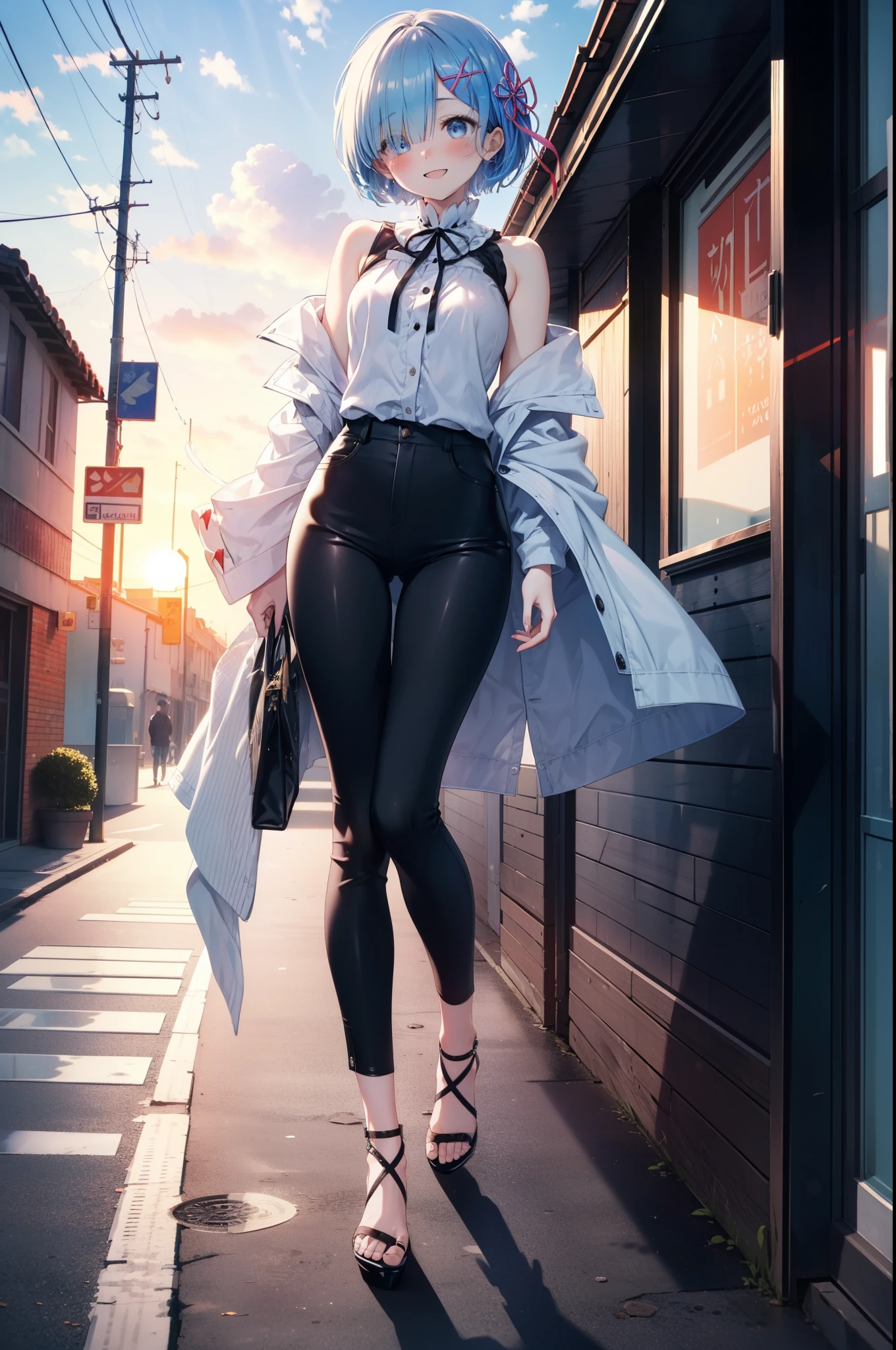 rezeroRem, Rem, blue eyes, Blue Hair, hair ornaments, Hair on one eye, hair ribbon, short hair, x hair ornaments,happy smile, smile, Open your mouth,blush,Cold shoulder tops,skinny pants,Stiletto heels,morning,morning陽,The sun is rising,Walking,whole bodyがイラストに入るように,
break outdoors, In town,Building district,
break looking at viewer, whole body,
break (masterpiece:1.2), highest quality, High resolution, unity 8k wallpaper, (figure:0.8), (Beautiful fine details:1.6), extRemely detailed face, Perfect lighting, extRemely detailed CG, (Perfect hands, Perfect Anatomy),