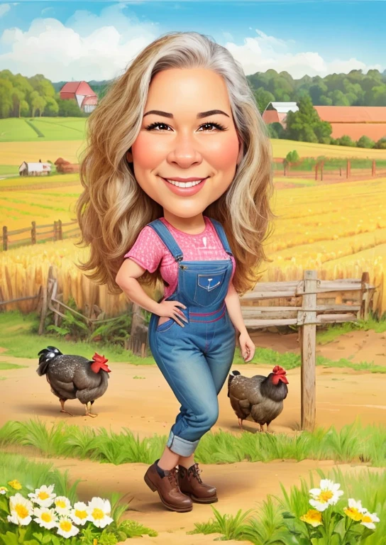 8k, disney pixar, a woman in overalls in front of a farm with chickens, caricature, caricature style, in cartoon style, wearing farm clothes, caricature!!!, cartoon portrait, caricature illustration, farmer, caricature, detailed portrait , on a farm, portrait, by Arturo Rivera, !!full-length portrait!!, full-length portrait, detailed full-length portrait, environmental portrait