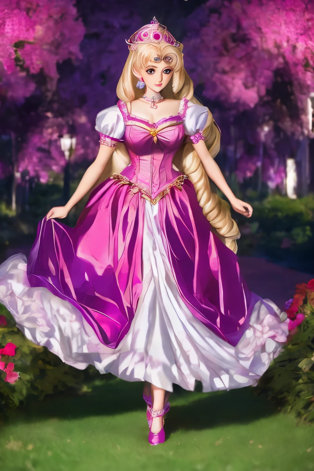 a close up of a doll with a pink dress and a purple hat, glamourous cosplay, ornate cosplay, anime character; full body art, elegant glamourous cosplay, aesthetic!!!!!! female genie, the sailor moon. beautiful, anime barbie doll, princess intergalactica, angelic pretty, 🌺 cgsociety, inspired by Sailor Moon, ((a beautiful fantasy empress))