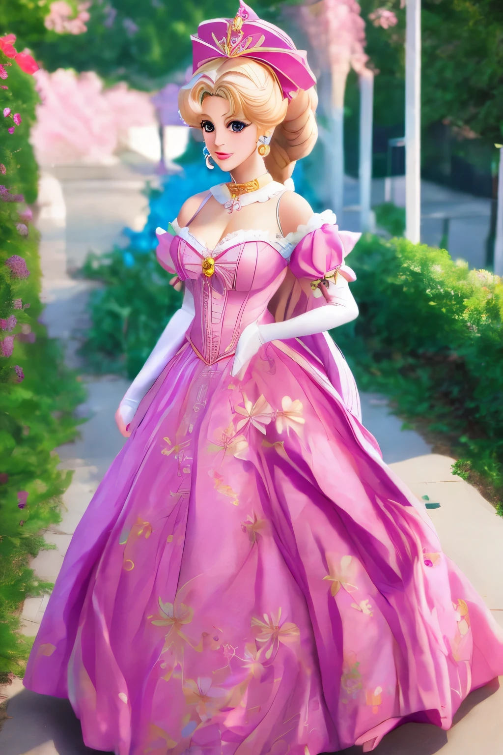 a close up of a doll with a pink dress and a purple hat, a pastel inspired by Sailor Moon, tumblr, rococo, glamourous cosplay, ornate cosplay, anime character; full body art, elegant glamourous cosplay, aesthetic!!!!!! female genie, the sailor moon. beautiful, anime barbie doll, princess intergalactica, angelic pretty, 🌺 cgsociety