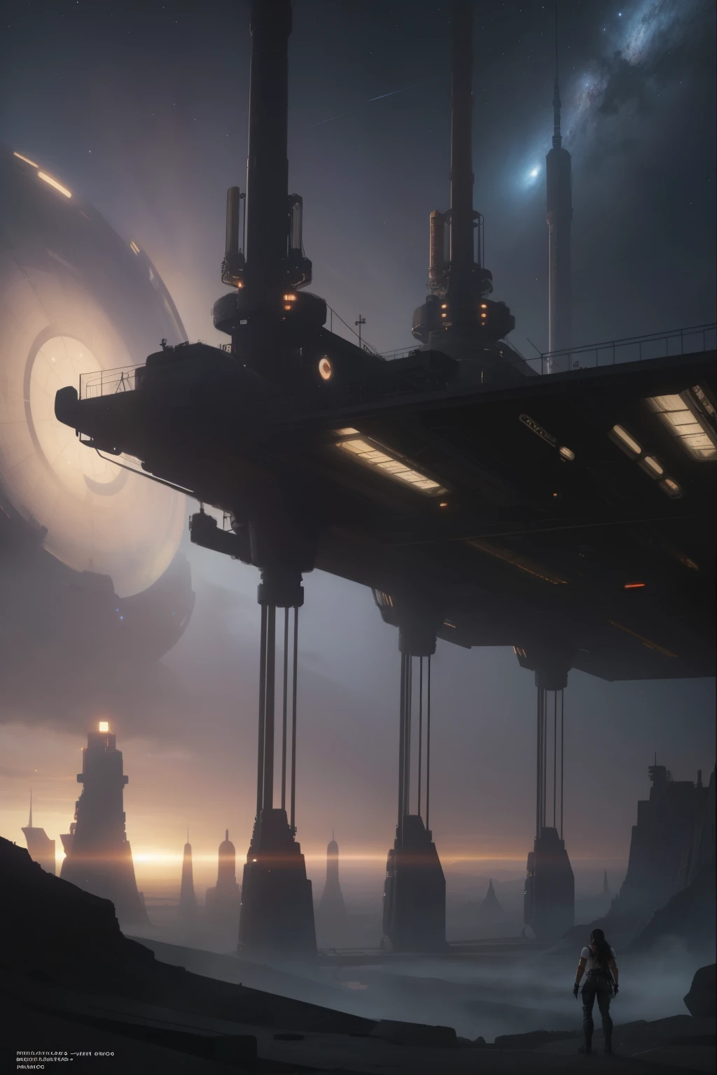 tifa ff7, oil on matte canvas, sharp details, the expanse scifi spacescape ceres colony, intricado, altamente detalhado, pintura digital, cor rica, suave, sharp focus, illustration, motor irreal 5, 8K, Arte de Artgerm e Greg Rutkowski e Alphonse Mucha, Efeitos do motor irreal 5.