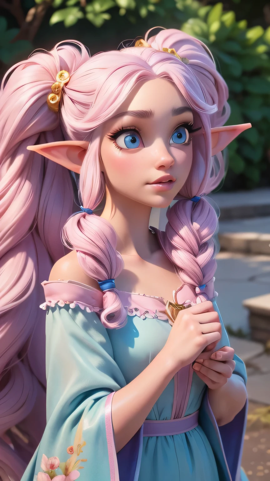 1girl, white skin, realistic shadows, detailed skin, skinny, , sparkling eyes, curly bright pink hair, long hair, pigtails, very detailed, highly detailed 8k face, perfect face shape, perfect full lips, perfect nose, correct blue beautiful eyes, observant, elf ears, golden jewlery, fairy wings, fairy dress:4 , hair big flowers, masterpiece , best quality, single, alone