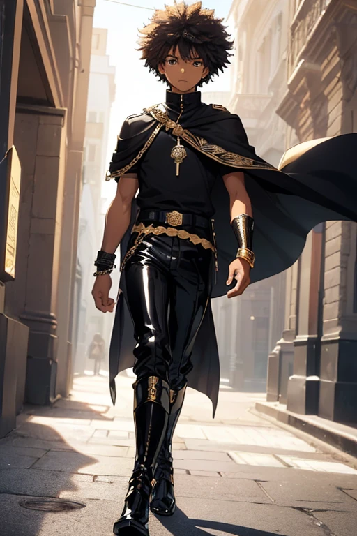 /(Boy),(anime),(man),(Alone),(),(dark brown skin color),(brown eyes),(Afro Brazilian),(short black curly hair),(height 1.80), (average physical height),(young),(Wearing),+,(a medieval emperor's outfit consisting of a shiny black blouse with shiny tones and a shiny black cape with shiny black tones and a shiny black bracelet on the right arm And a shiny black bracelet on the left arm and on the 5 fingers of the left hand gold rings and on the fingers of the left hand silver rings and shiny black pants with dark blue tones and boots black with gold lines)