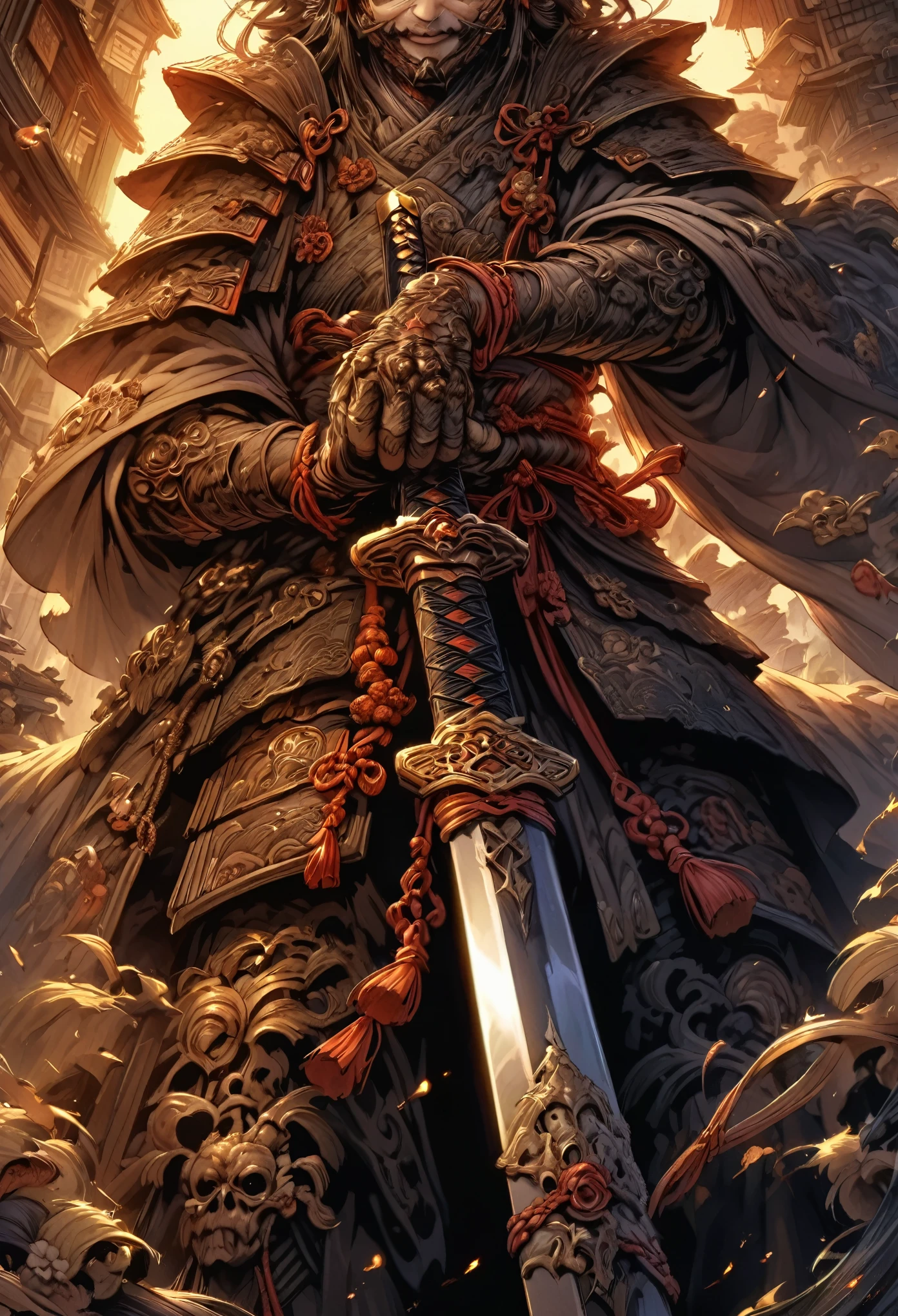 Close-up of a sword held by a samurai, face out of focus, detailed sword with edge and ornament, sword held in one hand, image taken from below reflecting the light of the metal sword