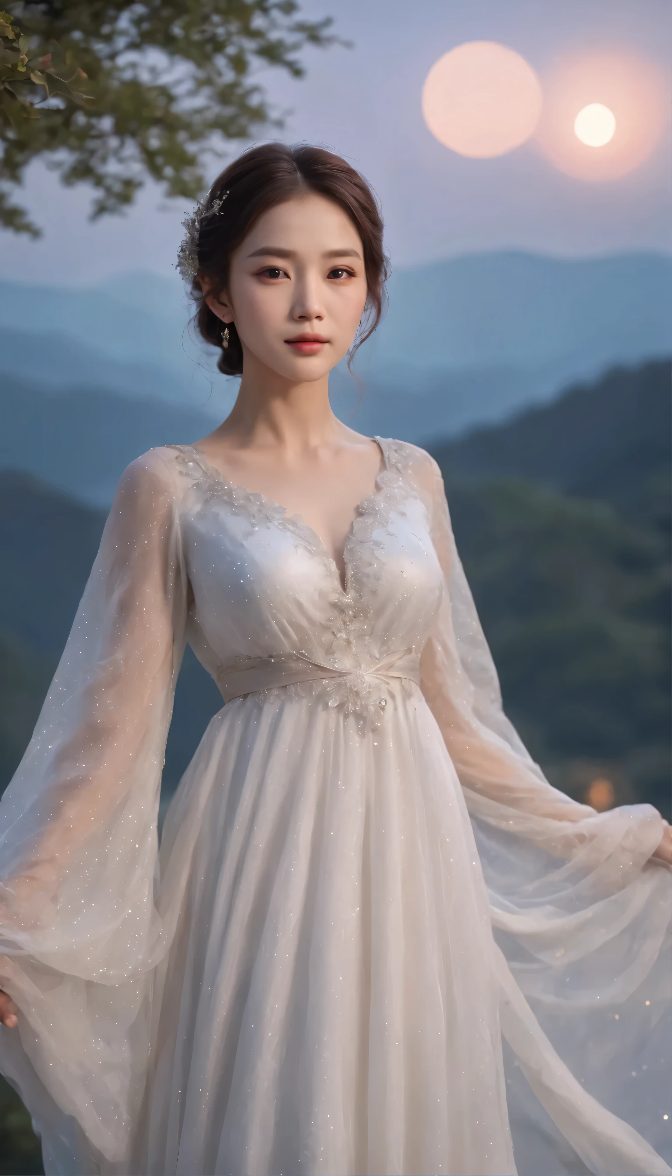 4K masterpieces、highest quality、We're introducing a single ethereal character named Guizhong from Genshin Impact。The image was taken from behind、Characters are dressed in default clothing.、The dress is decorated with a starry sky print.。Sleeves cascade down the character's wrists、Barefoot、Enhances the sense of serenity。The dress flutters slightly in the wind、You can see a little bit of the character's supple form.。 In the background、The starry sky spreads endlessly、It depicts a captivating scene in which heavenly light shines on the earth below.。The landscape is covered with l