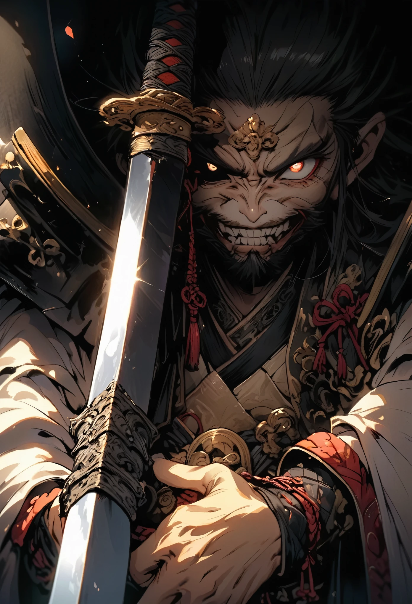 Close-up of a sword held by a samurai, face out of focus, detailed sword with edge and ornament, sword held in one hand, image taken from below reflecting the light of the metal sword