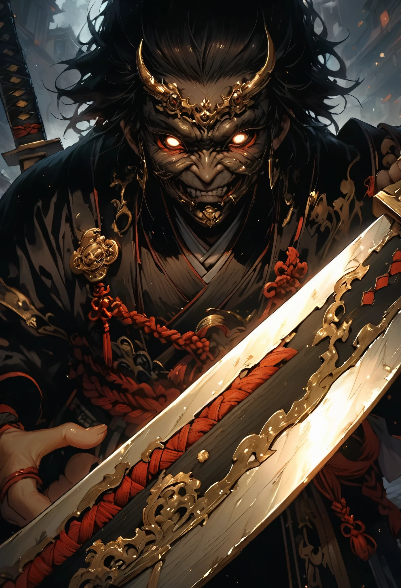 Close-up of a sword held by a samurai, face out of focus, detailed sword with edge and ornament, sword held in one hand, image taken from below reflecting the light of the metal sword