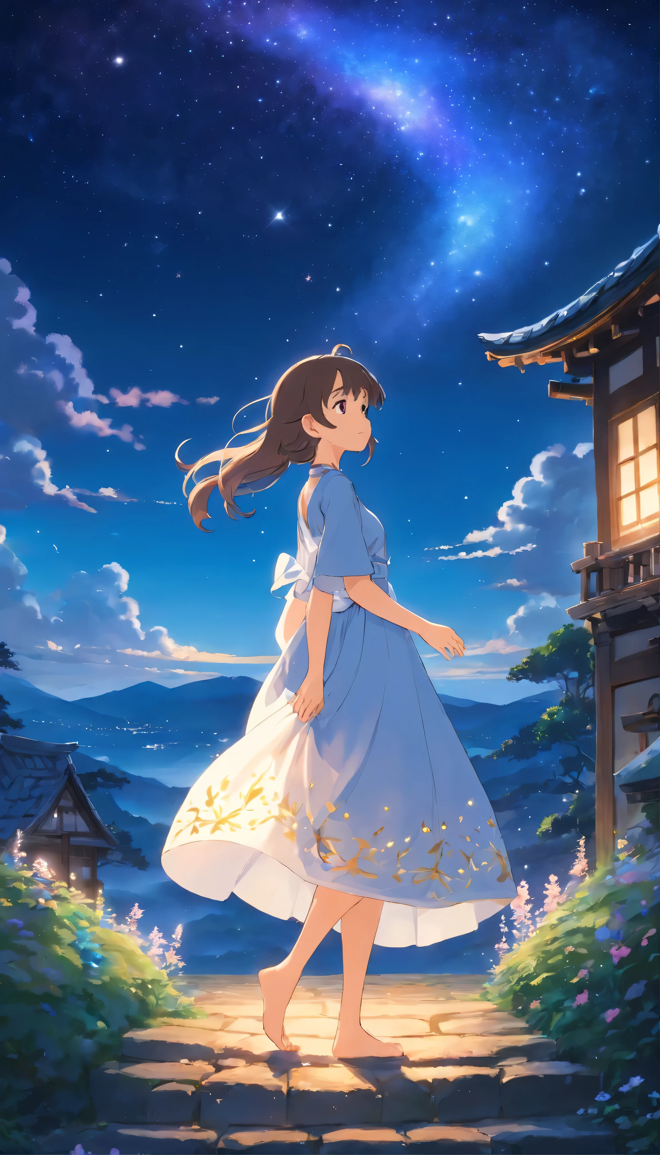 4K masterpieces、highest quality、We're introducing a single ethereal character named Guizhong from Genshin Impact。The image was taken from behind、Characters are dressed in default clothing.、The dress is decorated with a starry sky print.。Sleeves cascade down the character's wrists、Barefoot、Enhances the sense of serenity。The dress flutters slightly in the wind、You can see a little bit of the character's supple form.。 In the background、The starry sky spreads endlessly、It depicts a captivating scene in which heavenly light shines on the earth below.。The landscape is covered with l