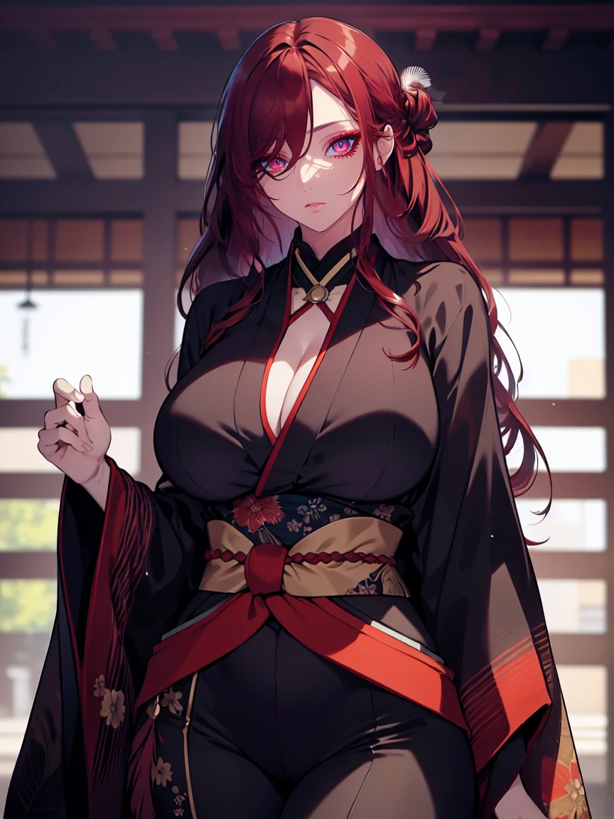 (Uhd, Masterpiece, Textured Skin, Super Detail, High Details, High Quality, Best Quality), Detailed Face, 1woman, mature pretty woman, ((wide hips, thick thighs, huge breasts)), ((Long Red hair tied:1.5, Hair over the eye:1.5)), ((Black kimono with feathers), (Pants), (Huge body), hands on hips, (Cultivator), Courtyard with a stone floor