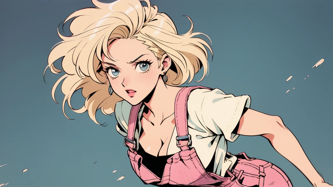 Anime Girls, 2000s Anime, Vintage classic anime aesthetic, Pink Overalls, White shirt, Short Overalls, Blonde Hair, Cleavage, Dynamic pose