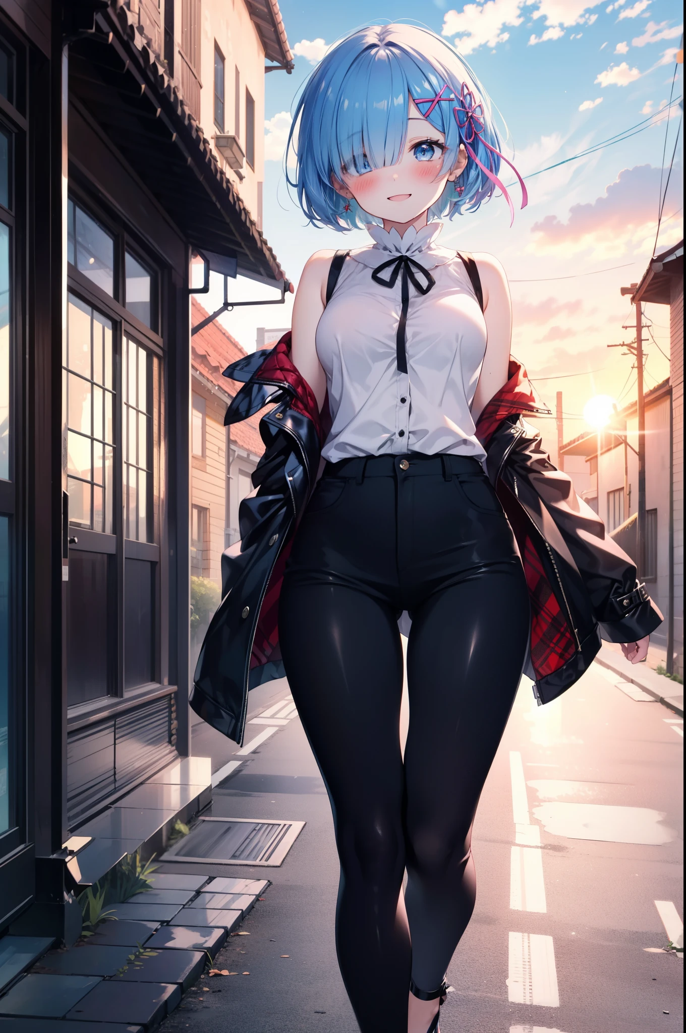 rezeroRem, Rem, blue eyes, Blue Hair, hair ornaments, Hair on one eye, hair ribbon, short hair, x hair ornaments,happy smile, smile, Open your mouth,blush,Cold shoulder tops,skinny pants,Stiletto heels,morning,morning陽,The sun is rising,Walking,whole bodyがイラストに入るように,
break outdoors, In town,Building district,
break looking at viewer, whole body,
break (masterpiece:1.2), highest quality, High resolution, unity 8k wallpaper, (figure:0.8), (Beautiful fine details:1.6), extRemely detailed face, Perfect lighting, extRemely detailed CG, (Perfect hands, Perfect Anatomy),
