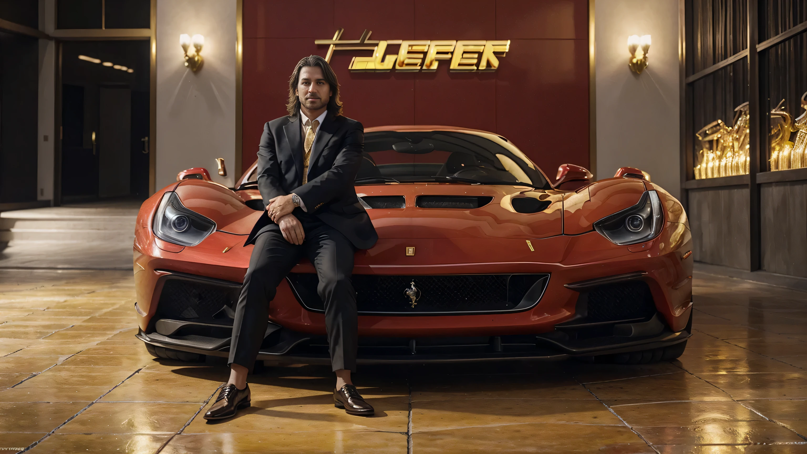 A millionaire investor in front of a Ferrari, full of gold bars and jewels, ultra realistic image, high level of detail, 8k, hyper realism, vivid and intense colors.