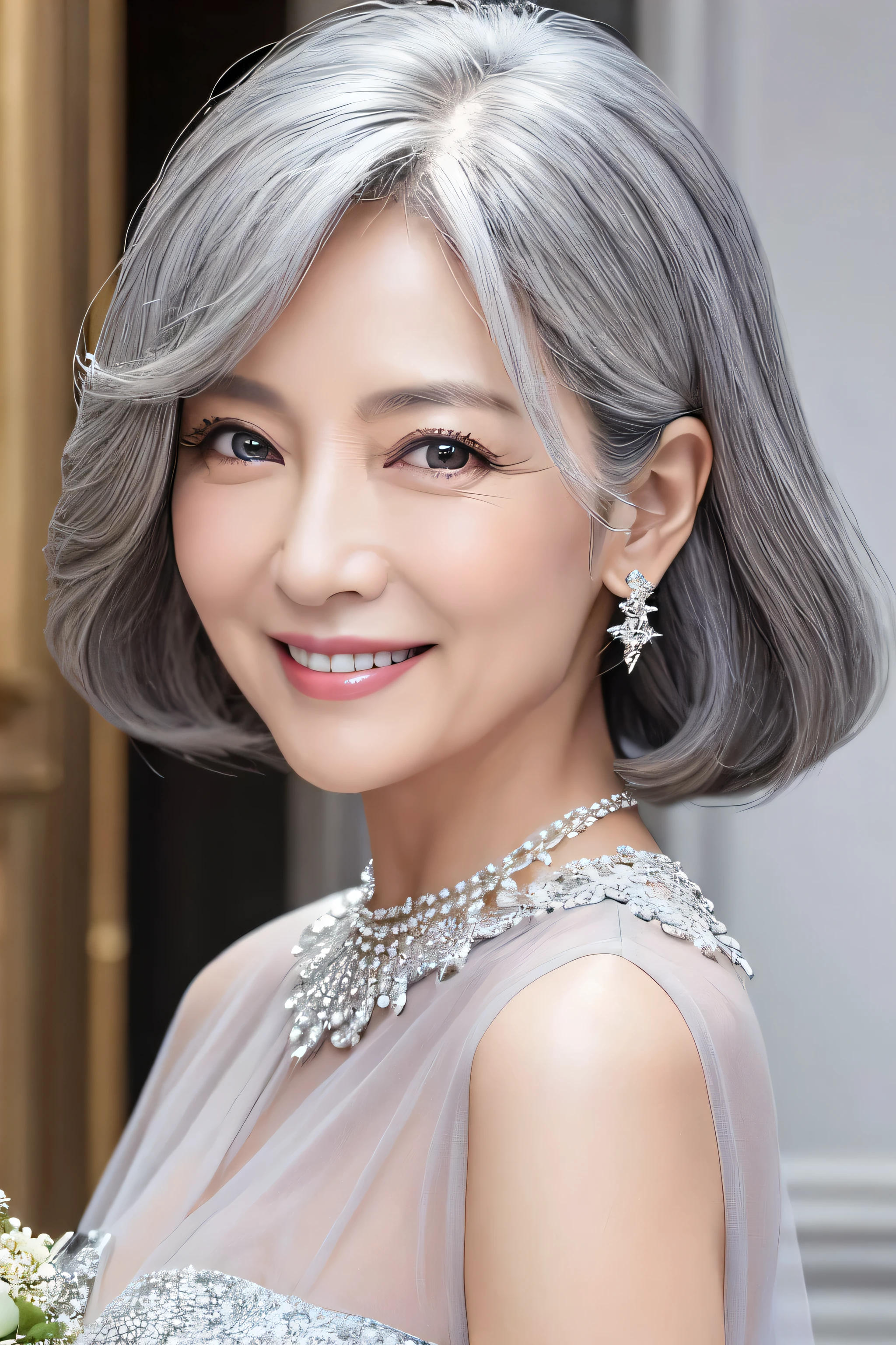 62 years old。smile、Your eyes are sparkling、Gray Hair、upper class、dignity、haute couture、