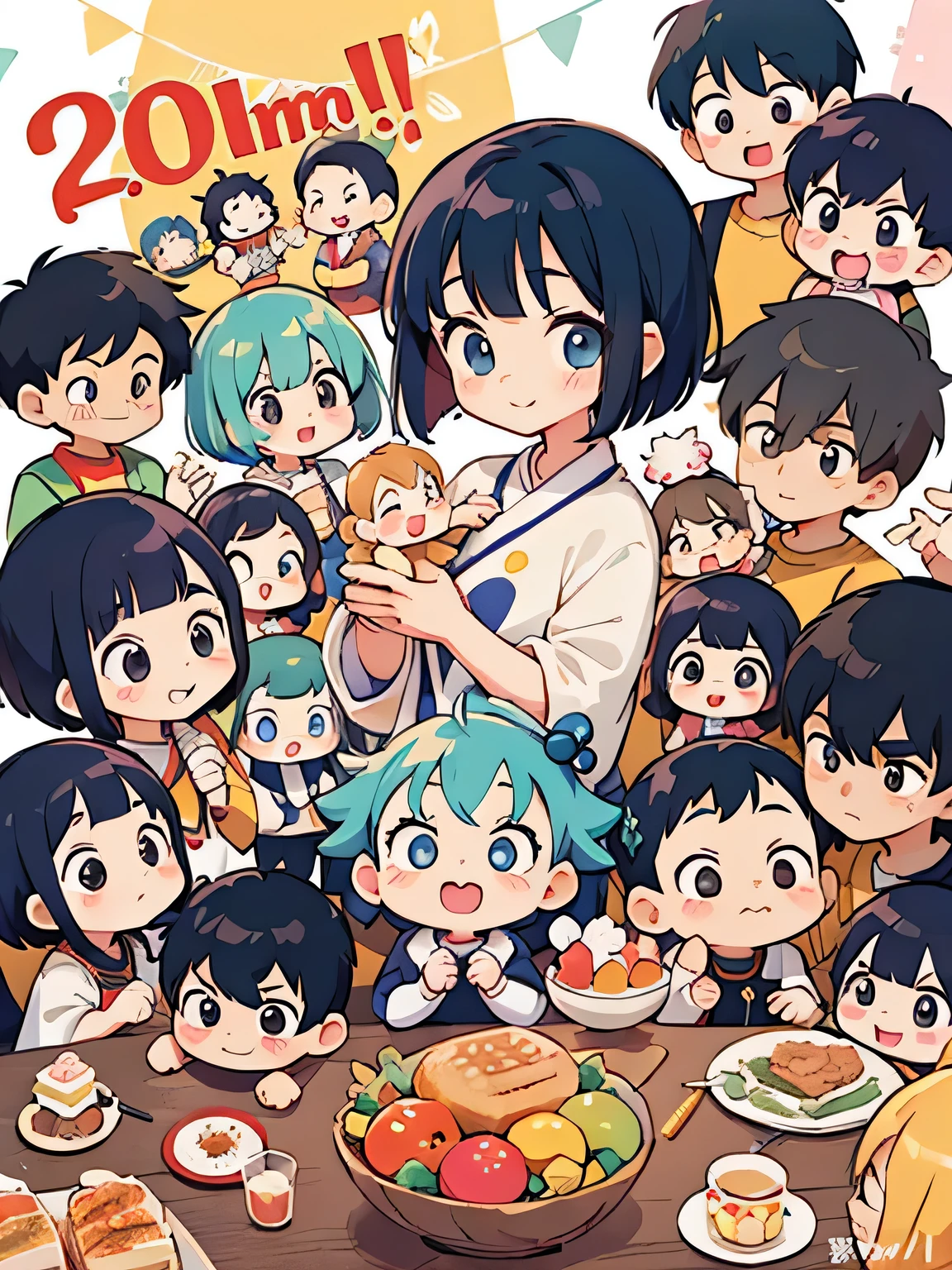 Akira Toriyama style, Kawaii Design, (((20 people)))、most beautiful girl ever、Chibi, Colorful bob hair、((Lots of friends))、((Family get-together))、(((big family)))