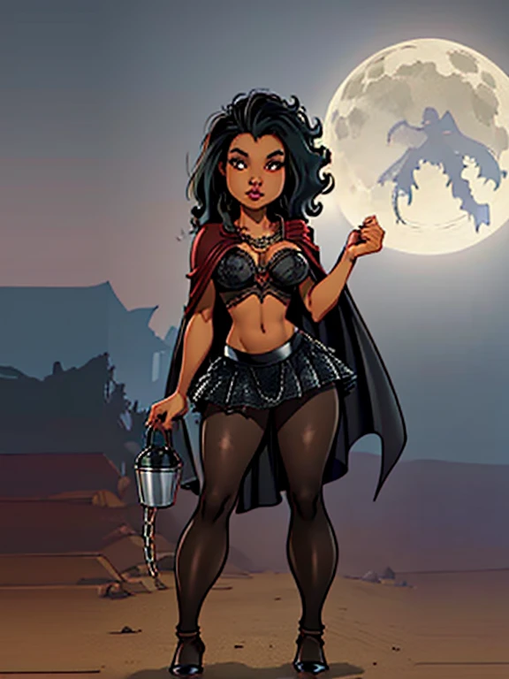 ((18-year-old))), black girl, (((light skin))), (((full body pose))),  (((long curly black hair))), (((wearing tight chainmail micromini skirt, chainmail bra, open front cloak, wings))), (((seamless, black, pantyhose))), standing in the dark woods at night, moonlight shining through the dense canopy, (((wizard tower in the background))), dark fantasy, Gothic, Rich, Deep Colours, (intricate details:0.9), (HDR, hyper-detailing:1.2), (natural skin textures, hyper realisitc, glistening skin, soft light, Sharp),
