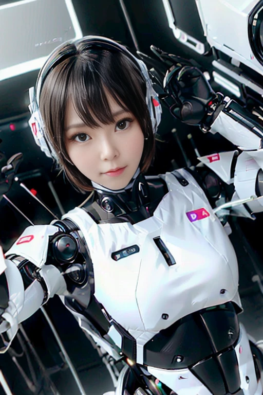 A girl in a futuristic bright white heavily armored robot suit takes a photo、perfect android girl, Female cyborg body, Perfect anime cyborg woman, Beautiful female android!, Female Robot, completely robot!! girl, Cute cyborg girl, Cyber Suit, Girl wearing mecha cybernetic armor, Cyber Suit, beutiful white girl cyborg, Beautiful female android, Beautiful girl cyborg、Cute cyborg girl with short bob hair、Beautiful android sculpture model、(Laughter)、((Rounded, white, sturdy armor))、(((Equipped with long sensor antennas on both ears)))、(((Robot Girl)))、(((Android girls)))、
