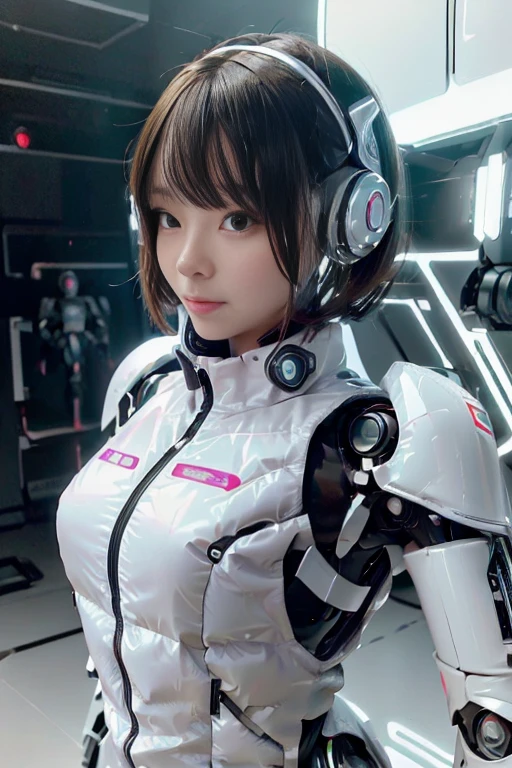 A girl in a futuristic bright white heavily armored robot suit takes a photo、perfect android girl, Female cyborg body, Perfect anime cyborg woman, Beautiful female android!, Female Robot, completely robot!! girl, Cute cyborg girl, Cyber Suit, Girl wearing mecha cybernetic armor, Cyber Suit, beutiful white girl cyborg, Beautiful female android, Beautiful girl cyborg、Cute cyborg girl with short bob hair、Beautiful android sculpture model、(Laughter)、((Rounded, white, sturdy armor))、(((Equipped with long sensor antennas on both ears)))、(((Robot Girl)))、(((Android girls)))、