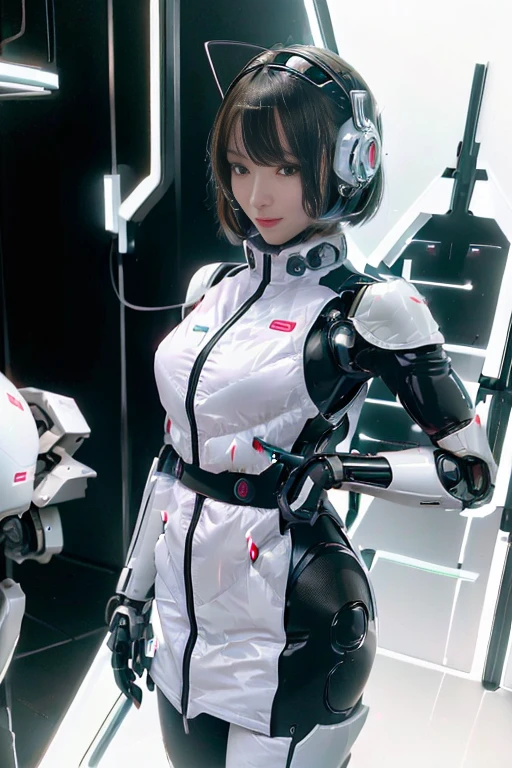 A girl in a futuristic bright white heavily armored robot suit takes a photo、perfect android girl, Female cyborg body, Perfect anime cyborg woman, Beautiful female android!, Female Robot, completely robot!! girl, Cute cyborg girl, Cyber Suit, Girl wearing mecha cybernetic armor, Cyber Suit, beutiful white girl cyborg, Beautiful female android, Beautiful girl cyborg、Cute cyborg girl with short bob hair、Beautiful android sculpture model、(Laughter)、((Rounded, white, sturdy armor))、(((Equipped with long sensor antennas on both ears)))、(((Robot Girl)))、(((Android girls)))、