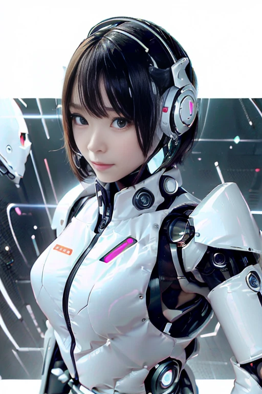 A girl in a futuristic bright white heavily armored robot suit takes a photo、perfect android girl, Female cyborg body, Perfect anime cyborg woman, Beautiful female android!, Female Robot, completely robot!! girl, Cute cyborg girl, Cyber Suit, Girl wearing mecha cybernetic armor, Cyber Suit, beutiful white girl cyborg, Beautiful female android, Beautiful girl cyborg、Cute cyborg girl with short bob hair、Beautiful android sculpture model、(Laughter)、((Rounded, white, sturdy armor))、(((Equipped with long sensor antennas on both ears)))、(((Robot Girl)))、(((Android girls)))、