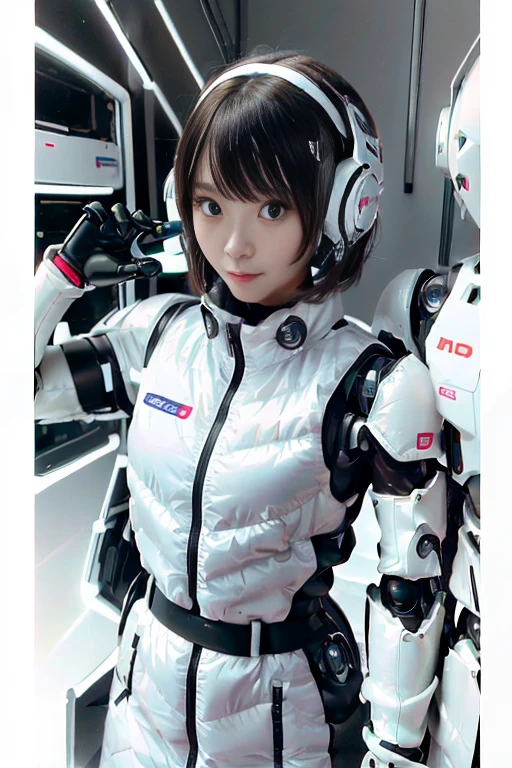A girl in a futuristic bright white heavily armored robot suit takes a photo、perfect android girl, Female cyborg body, Perfect anime cyborg woman, Beautiful female android!, Female Robot, completely robot!! girl, Cute cyborg girl, Cyber Suit, Girl wearing mecha cybernetic armor, Cyber Suit, beutiful white girl cyborg, Beautiful female android, Beautiful girl cyborg、Cute cyborg girl with short bob hair、Beautiful android sculpture model、(Laughter)、((Rounded, white, sturdy armor))、(((Equipped with long sensor antennas on both ears)))、(((Robot Girl)))、(((Android girls)))、