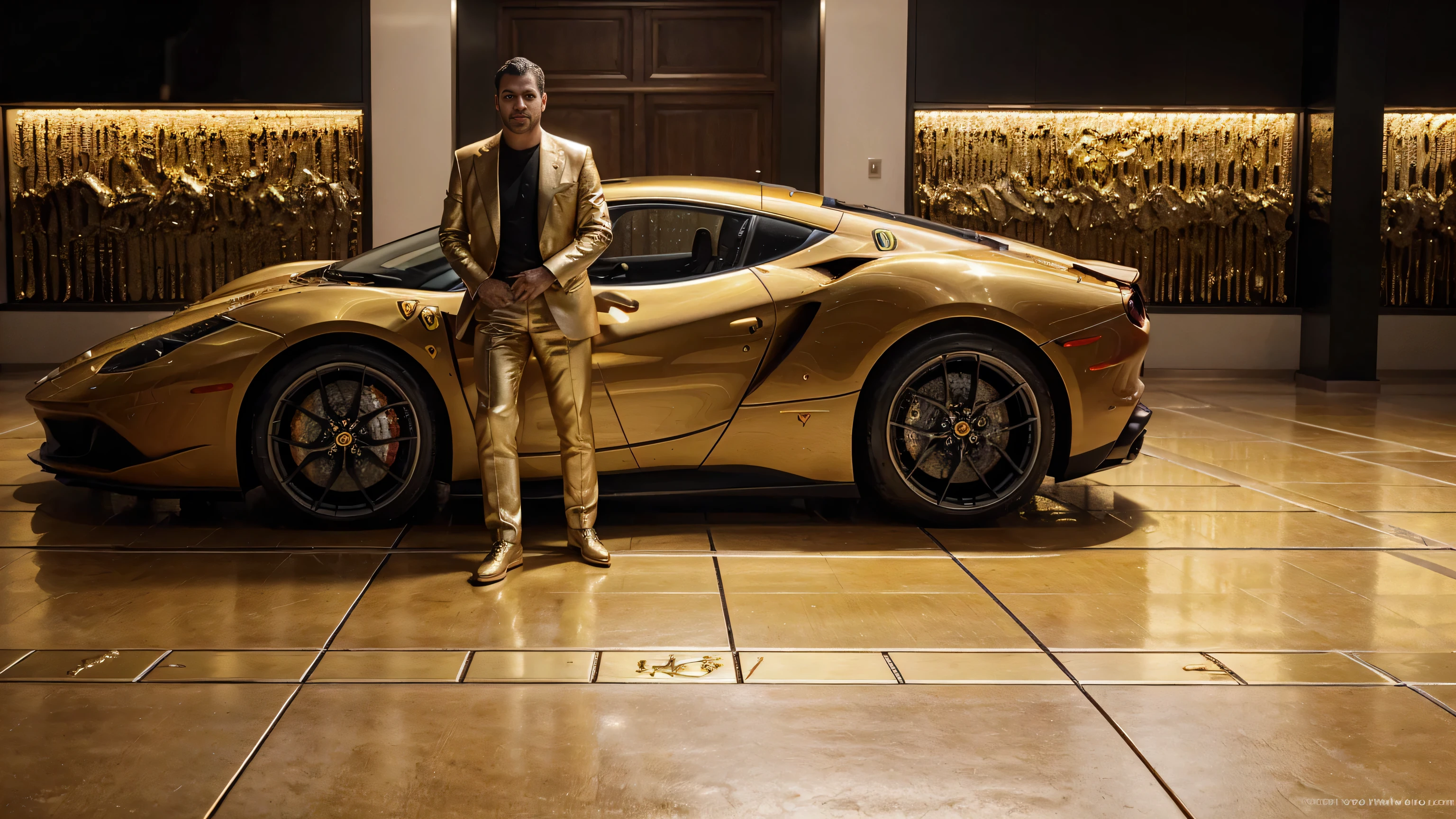 A millionaire investor in front of a Ferrari, full of gold bars and jewels, floor made of gold bars, ultra realistic image, high level of detail, 8k, hyper realism, bright and intense colors.