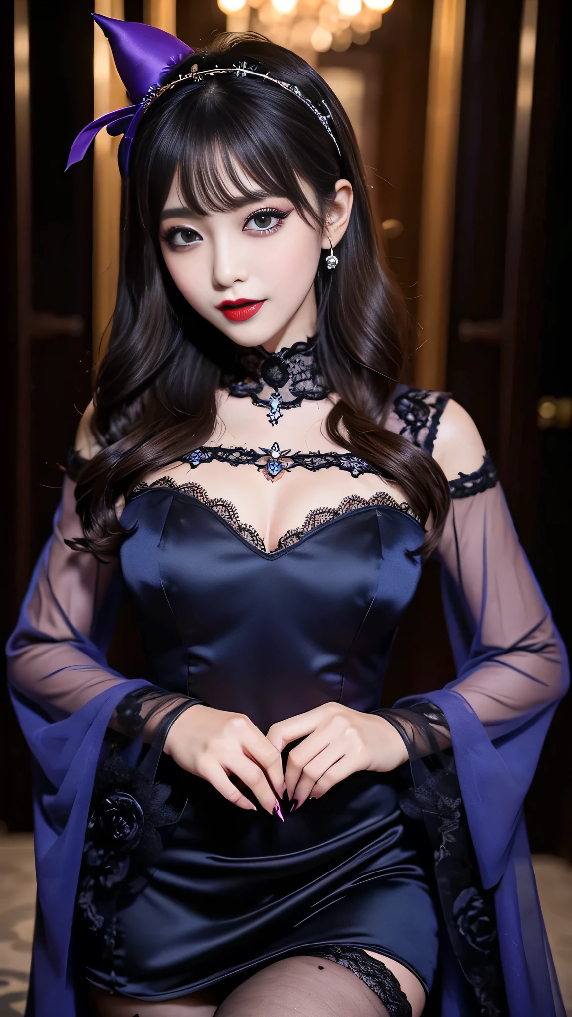 best quality、ultra-detailed、4k、Japanese、Seductive beauty、seductive adult woman、Pretty Woman、cool girl、Villainess、Brainwashed、brainwash、Fallen into evil、smirk、Evil look、Wicked Smile、evil、Brown hair、wavy hair、swept bangs、dark makeup、dark makeup、piercing eyes、hollow eyes,half-closed eyes、Hollow Eyes、purple Eyeshadow、black lipstick、black lipglos、Lace fabric、blue party dress、Wide sleeves、stockings、pantyhose、night、inside darkroom、Are standing、shoot from below、Make up、Makeup brushes、Have lipstick、Swear allegiance、I have pledged my allegiance、Seduce、