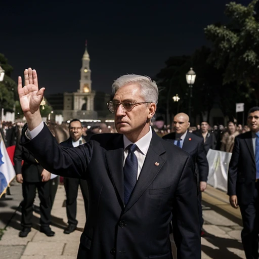 It's a warm day in the capital city of a Middle Eastern country in 1995. The streets outside the grand Presidential Palace are bustling with activity as citizens and supporters gather to greet their authoritarian leader as he emerges from the palace gates.
Standing at the ornate wrought-iron gates is the 62-year-old president, his short white hair neatly combed back. Perched on his nose are a pair of thick-rimmed glasses that give him an air of gravitas. He is dressed in a tailored gray suit, a crisp black dress shirt, and a somber black necktie. His gray blazer is buttoned as he steps out to meet the waiting crowd.
The president's face is stern, his expression one of practiced stoicism as he surveys the scene before him. Yet there is an undercurrent of confidence and control in his bearing - this is a man who has ruled his country with an iron fist for decades, brooking little dissent or opposition. 
The crowd that has gathered to greet him is a mix of ordinary citizens, government officials, and military personnel. Many are waving small flags bearing the national colors, while others hold up banners and posters bearing the president's image and slogans praising his leadership. There is a sense of reverence, even adoration, in the way they watch and wait for him to emerge.
As the president steps out from the palace gates, the crowd erupts into thunderous applause and cheers. Some reach out to try and shake his hand or touch his sleeve as he slowly makes his way through the throng, nodding and offering the occasional perfunctory wave. His security detail, dressed in crisp uniforms, flank him closely, scanning the crowd for any signs of trouble