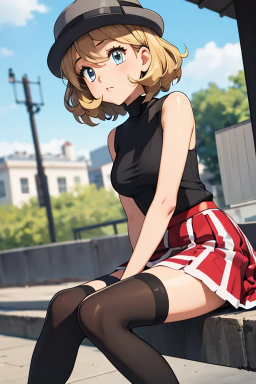 (masterpiece, best quality), 1girl,    pkmnserena, 1girl, solo, blue eyes, blonde hair, short hair, bangs, hat, grey headwear,, black shirt, turtleneck, sleeveless, red skirt, pleated skirt, black thighhighs,