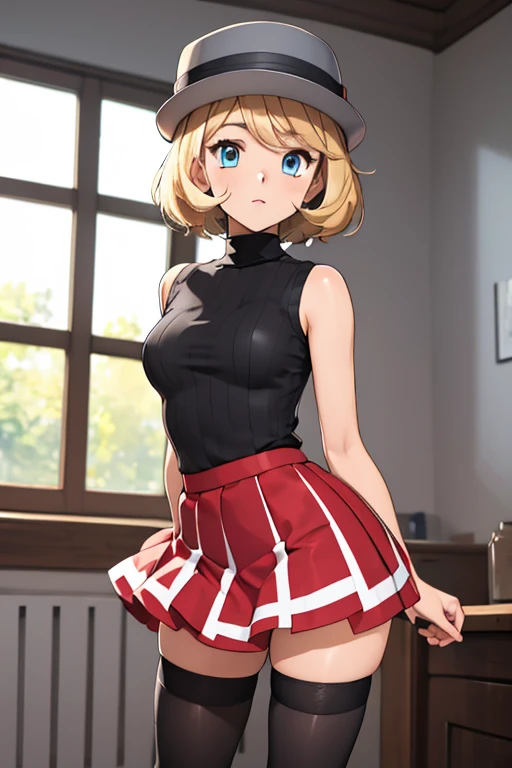 (masterpiece, best quality), 1girl,    pkmnserena, 1girl, solo, blue eyes, blonde hair, short hair, bangs, hat, grey headwear,, black shirt, turtleneck, sleeveless, red skirt, pleated skirt, black thighhighs,