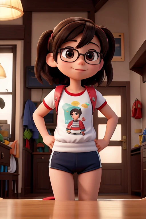 Obra maestra, mejor calidad, high resolution, extremadamente detallado, antecedentes detallados, cinematic lighting, 1 chica, caminando , gym, shorts fitness ????? y overside  negra, Hearing aids , sonrisa, mochila, de pie, long dark brown straight hair, con fleco, medio morena con lentes negros ojos cafes oscuro pelada sensualismo