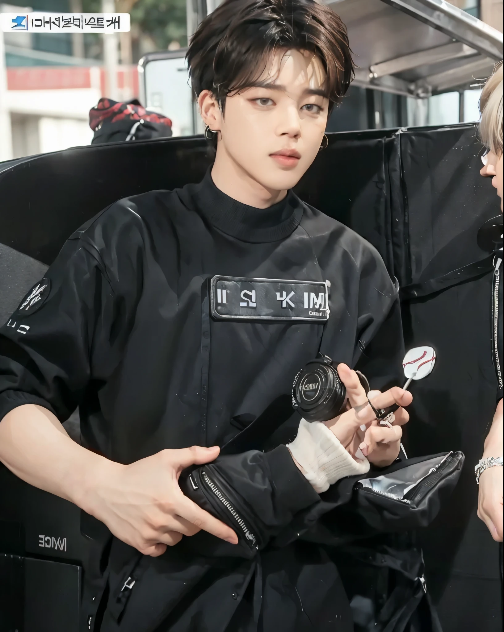 A 16-year-old male high school student,Wearing a PVC black and white suspender shirt,Cyan mid-headed